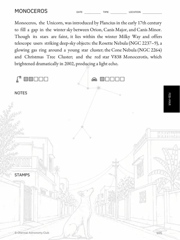 Sample passport spread right page — Monoceros notes and stamp space