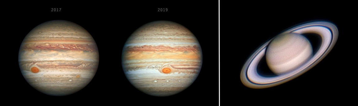 Left Image: Hubble's Jupiter image downloaded and processed by Prabhu to show the difference over the years. Right Image: Prabhu's image of Saturn.